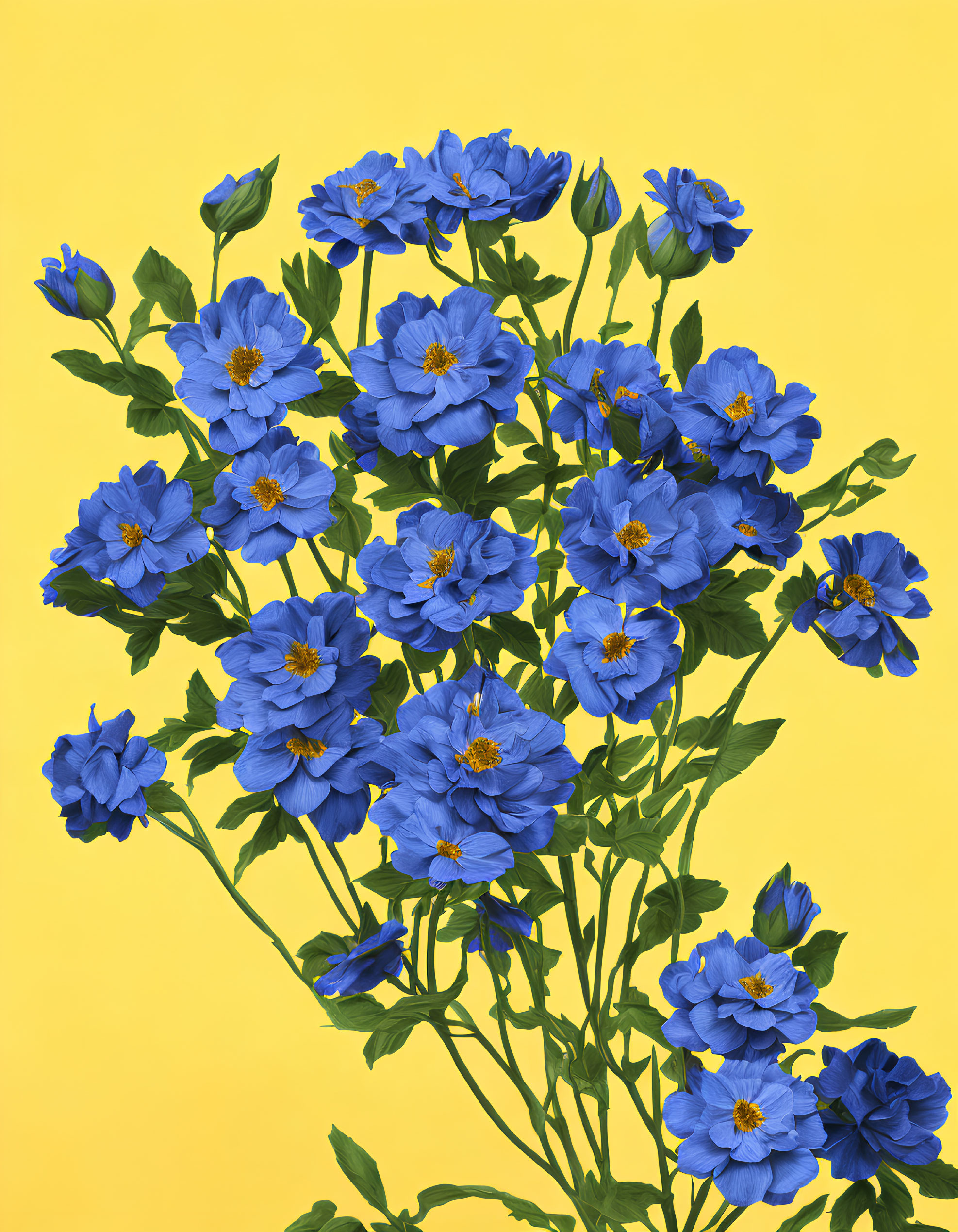 Blue Flowers with Yellow Centers on Solid Yellow Background