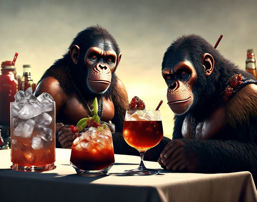 Animated apes at a bar with iced drinks