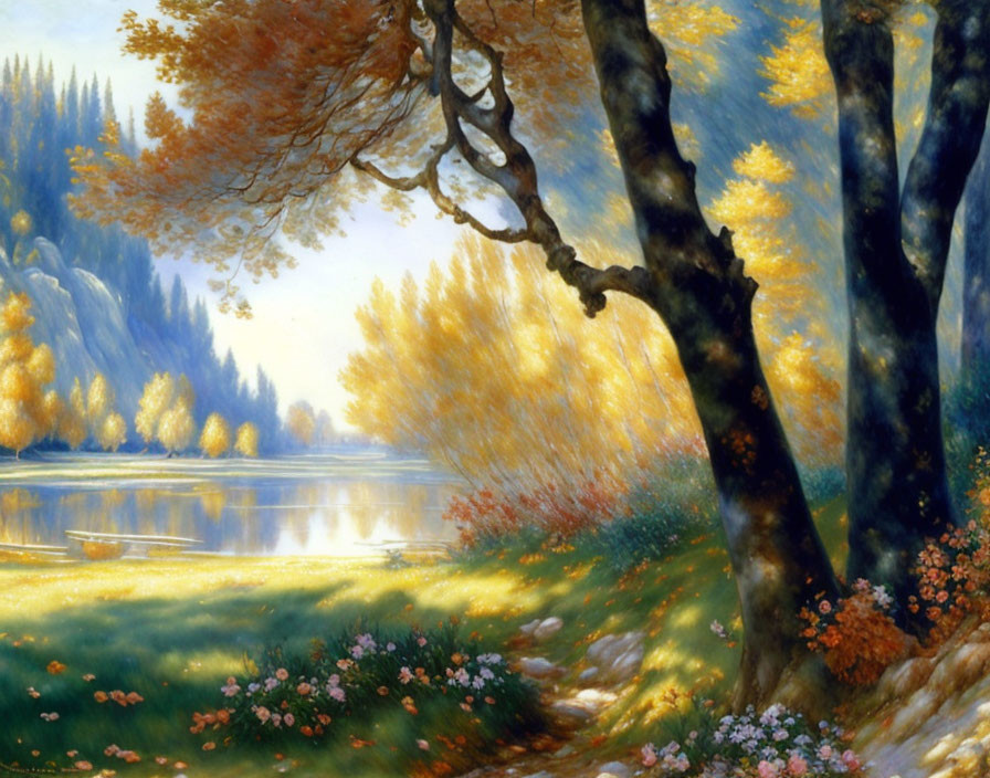 Serene Autumn Landscape with Lake and Fallen Leaves