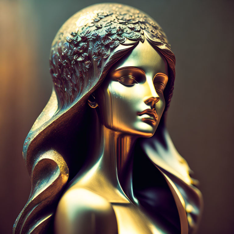 Intricate Metallic Woman's Head Sculpture with Golden Glow