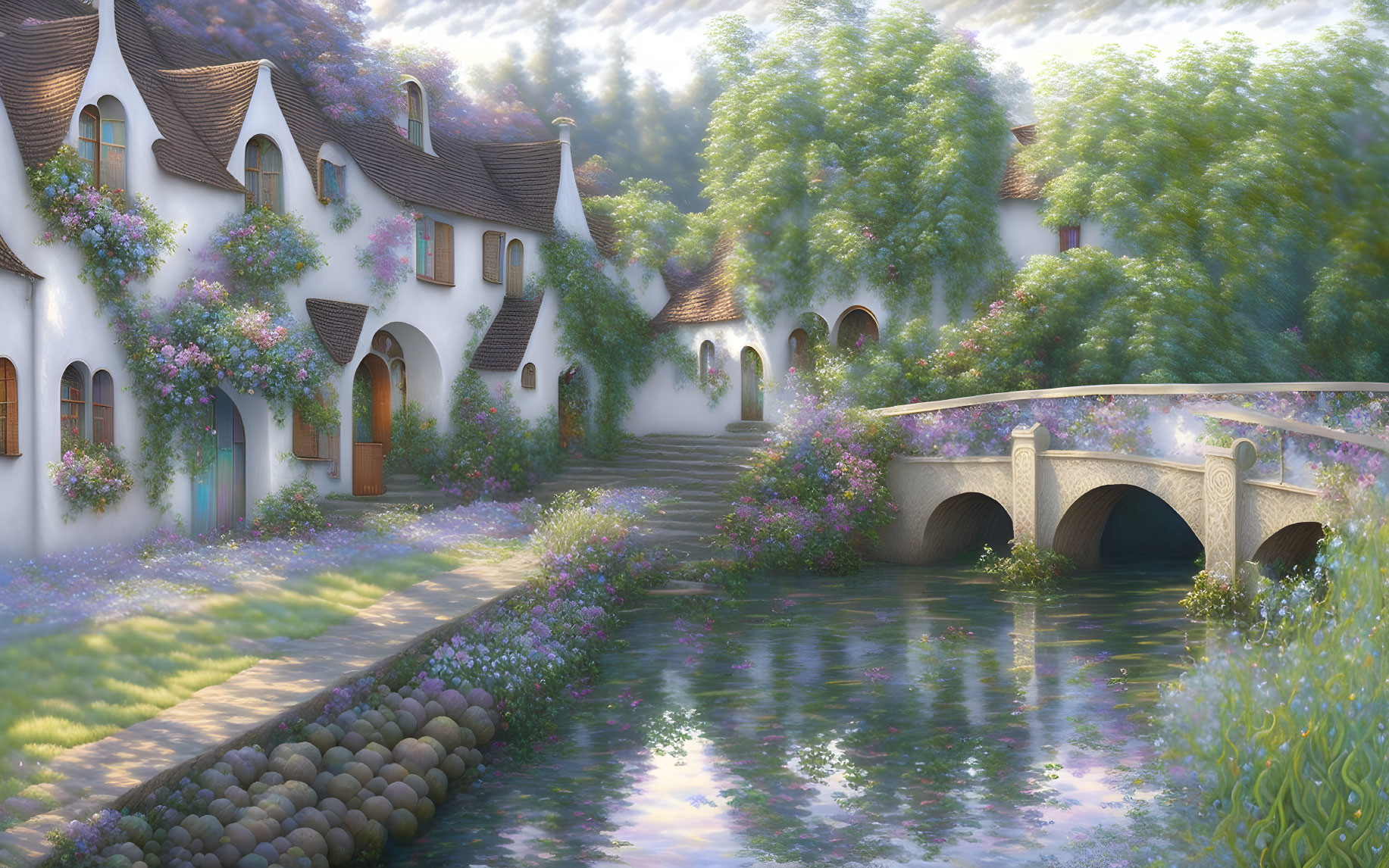 Tranquil village scene: white houses, stone bridge, gentle river, lush greenery