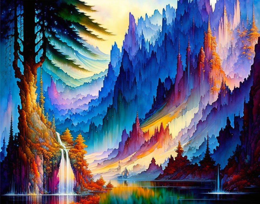 Colorful Watercolor Landscape: Blue and Purple Mountains, Waterfall, Greenery, Lake