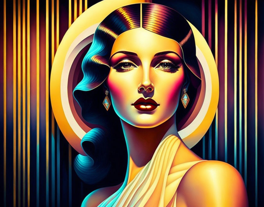 Vibrant digital artwork: stylized woman with gradient hair and retro-futuristic aesthetic