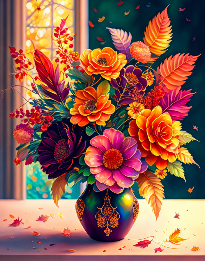 Colorful bouquet in decorative vase on windowsill with autumn leaves and stained-glass window