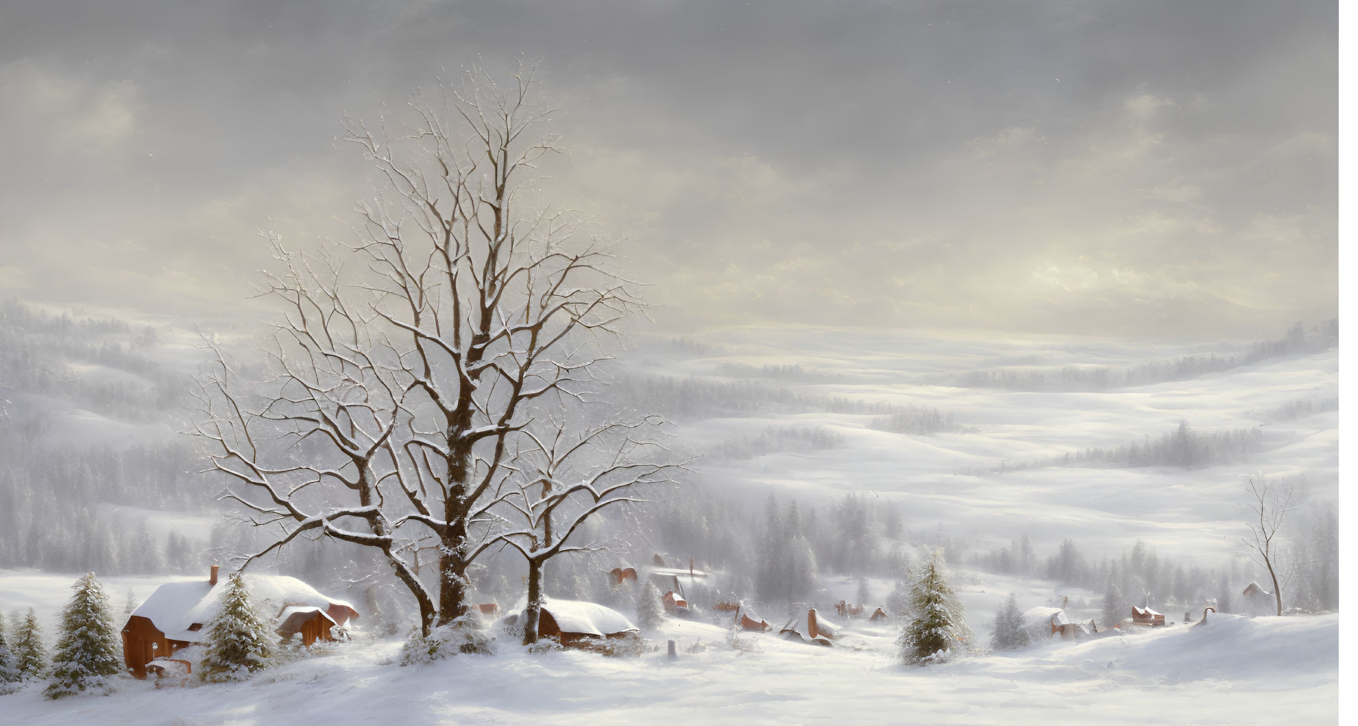 Snow-covered winter landscape with cottages and bare tree.