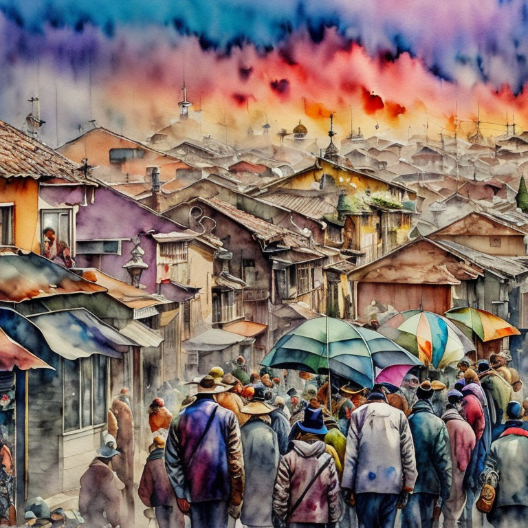 Colorful watercolor painting of bustling street scene with umbrellas, vibrant buildings, and dreamy sky