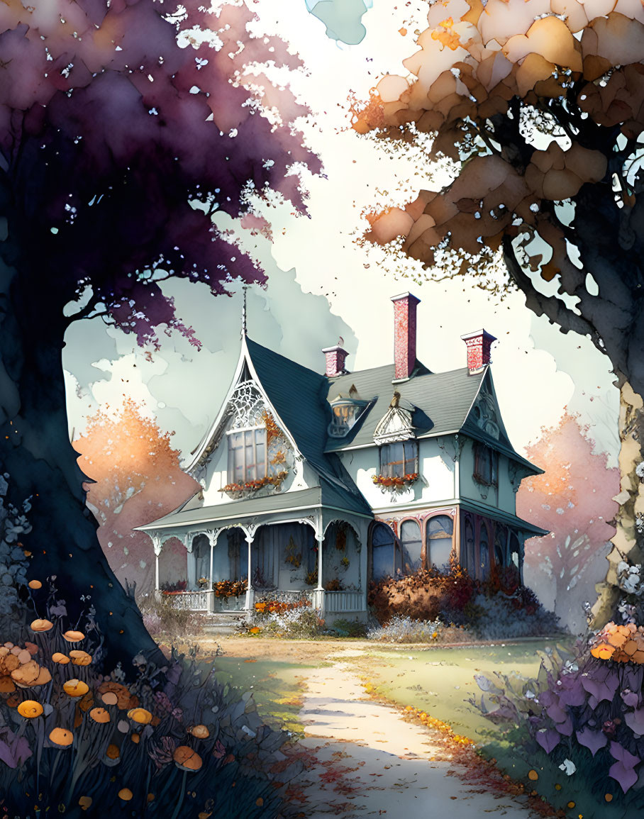 Victorian-style house with porch in autumn setting