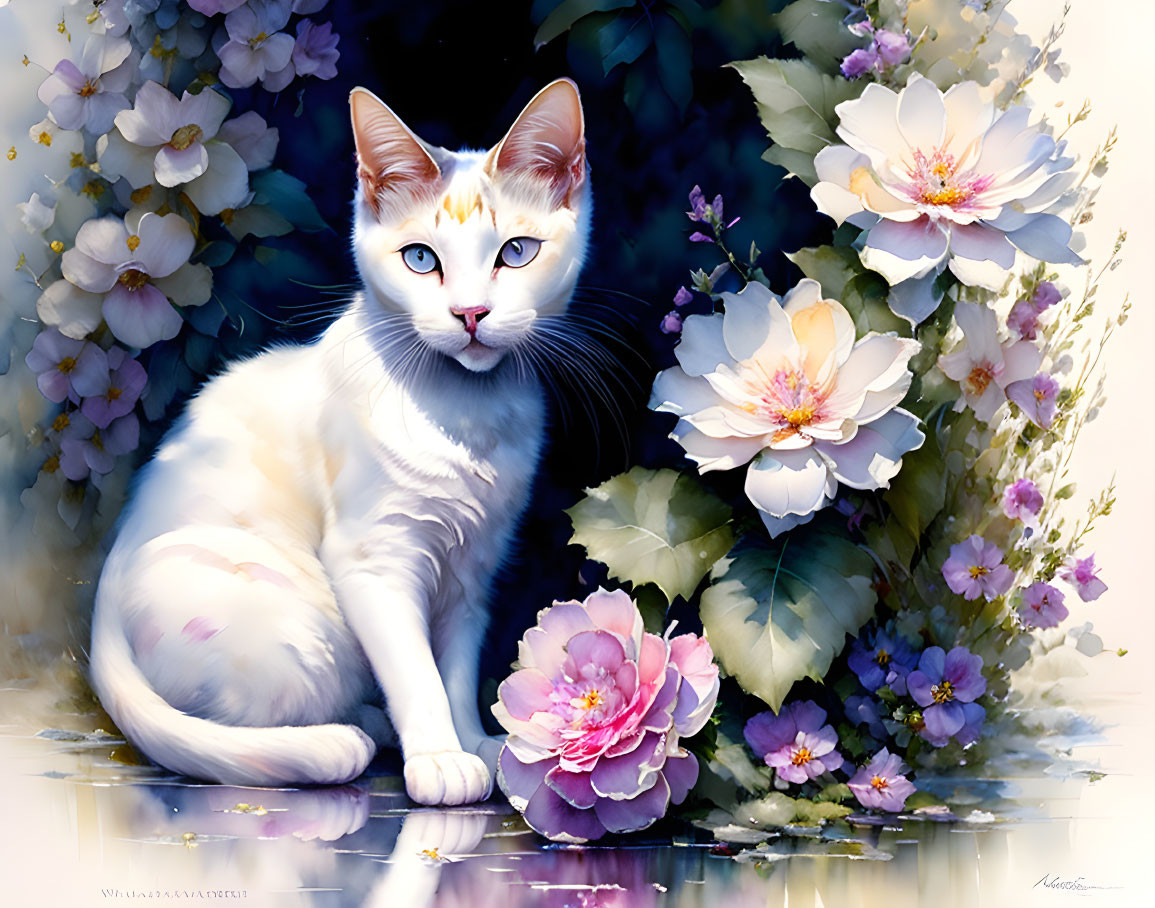 White Cat with Blue and Brown Eyes Among Pink and White Flowers