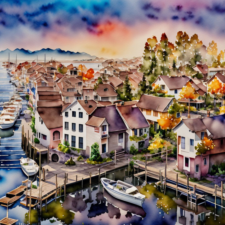 Colorful Watercolor Painting: Coastal Village, Boats, Autumn Trees, Sunset Sky