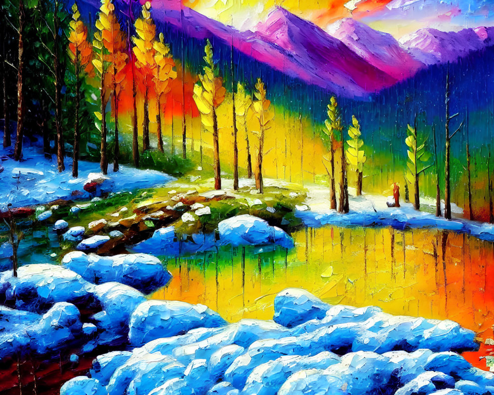 Colorful Autumn Trees Against Snowy Mountains