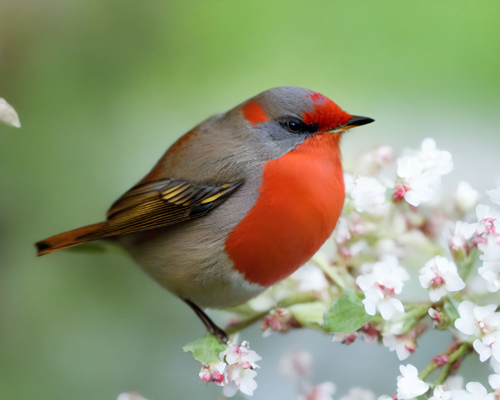 Vivid red and gray bird on branch with white flowers in soft green backdrop