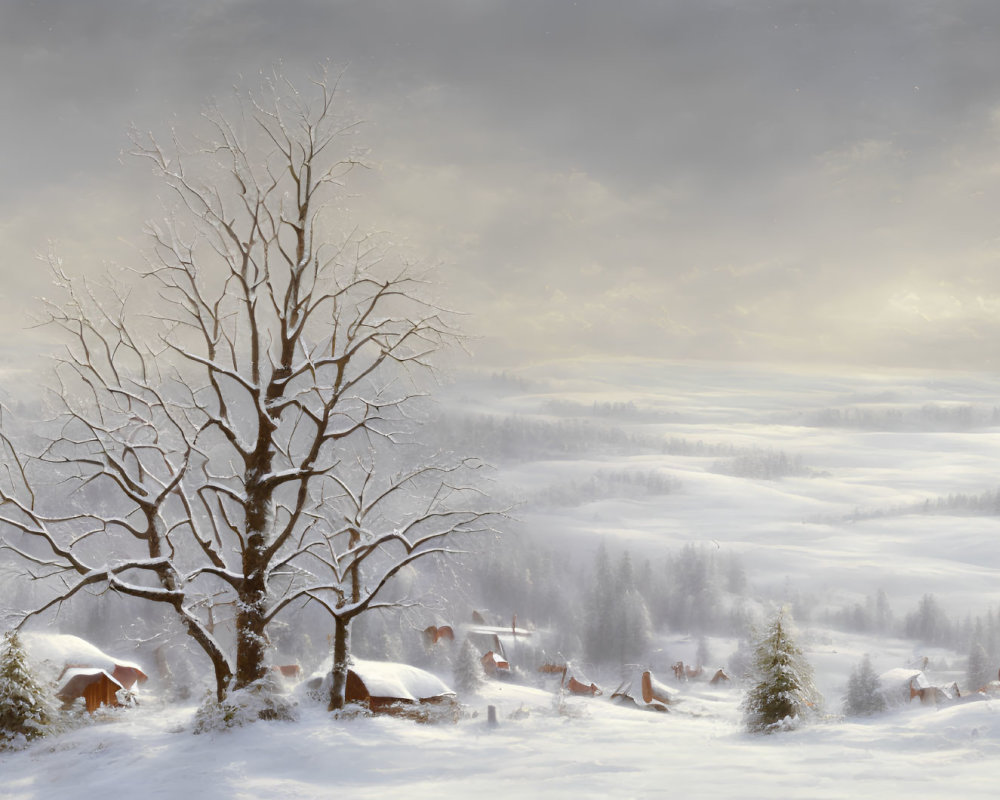 Snow-covered winter landscape with cottages and bare tree.