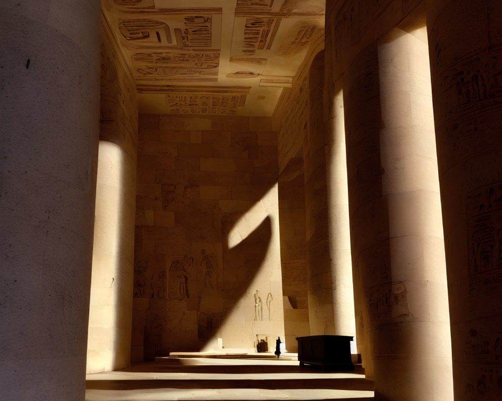 Ancient Egyptian Temple Hallway with Large Stone Pillars & Hieroglyphics