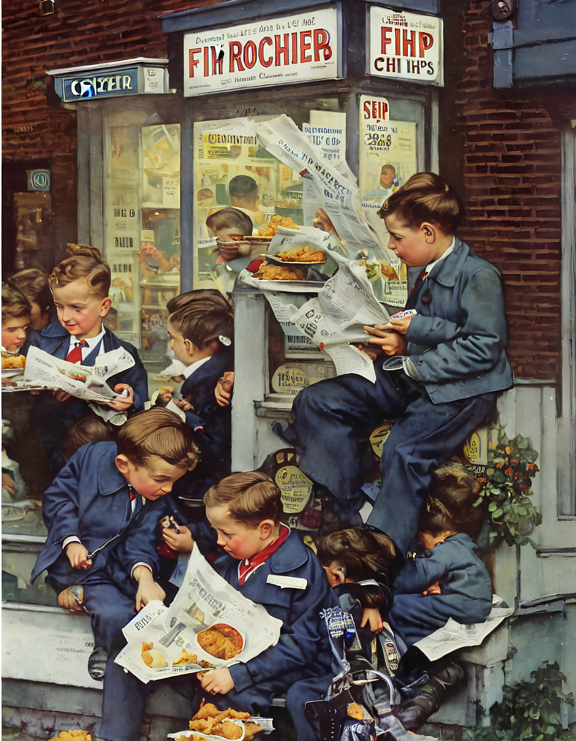 Group of boys in uniforms eating fish and chips outside quaint shop