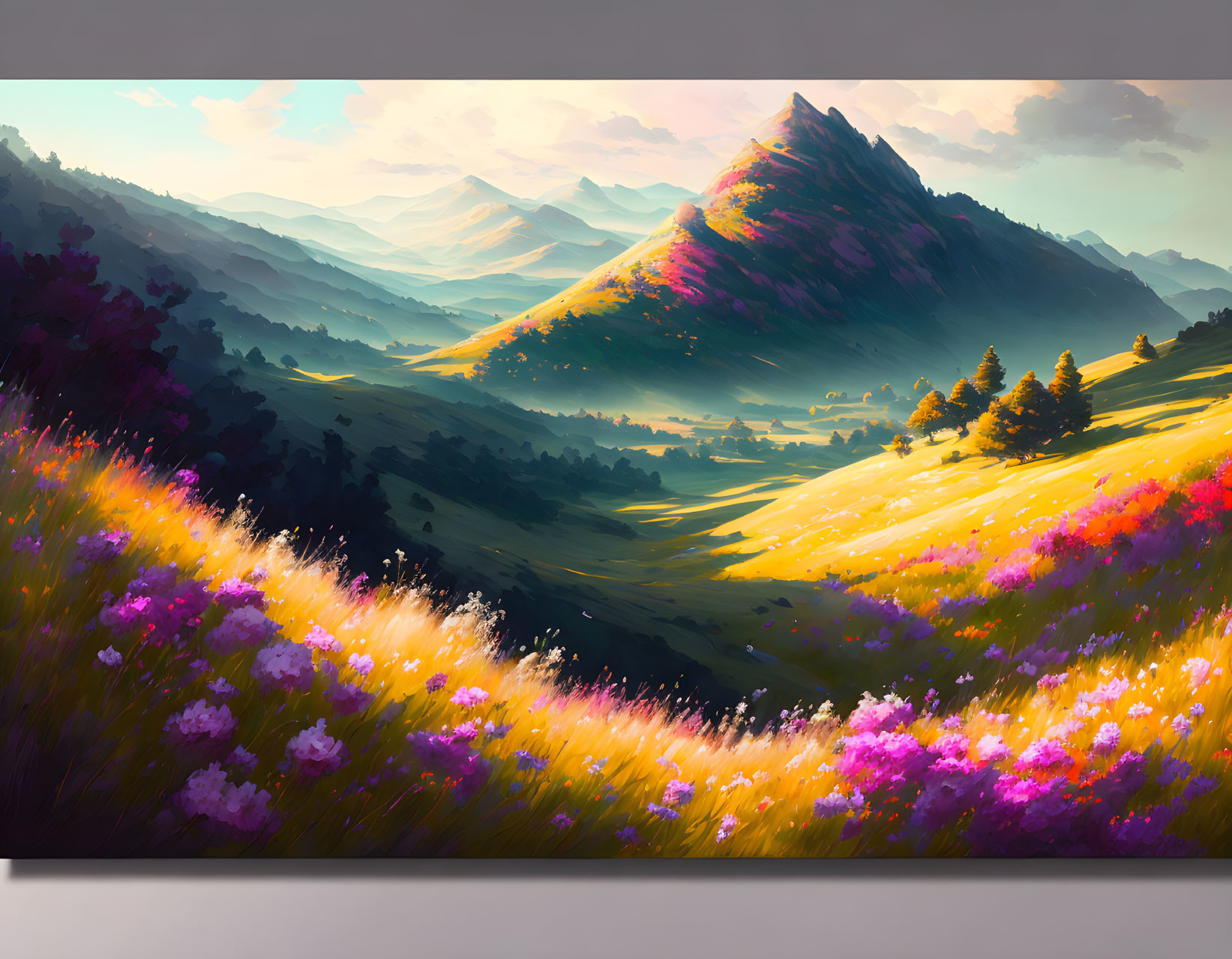 Vibrant wildflowers in lush mountainous sunrise landscape