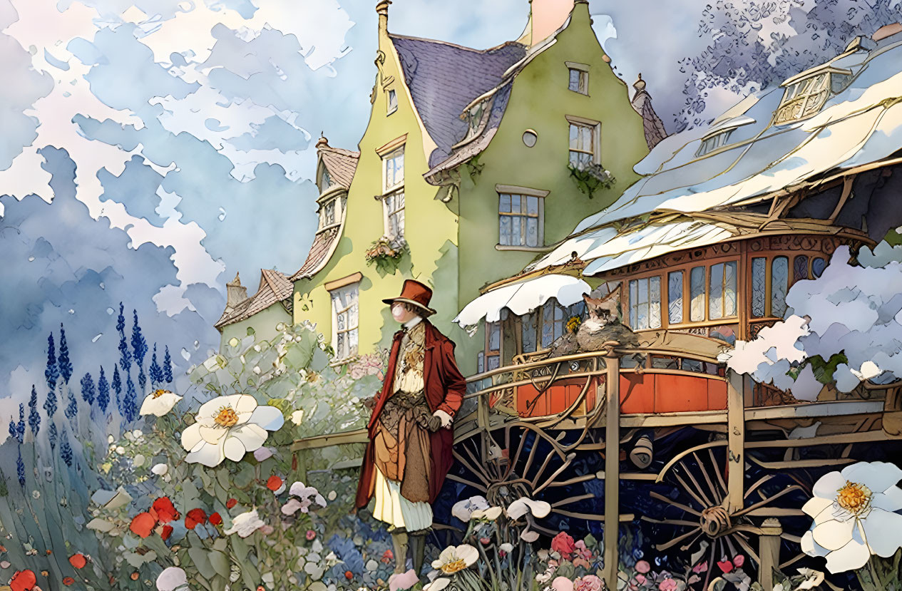 Person in Red Coat by Wooden Carriage Amidst Blooming Flowers