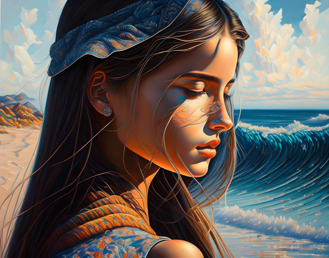 Detailed illustration of woman with serene expression wearing headscarf, with ocean waves and butterflies.