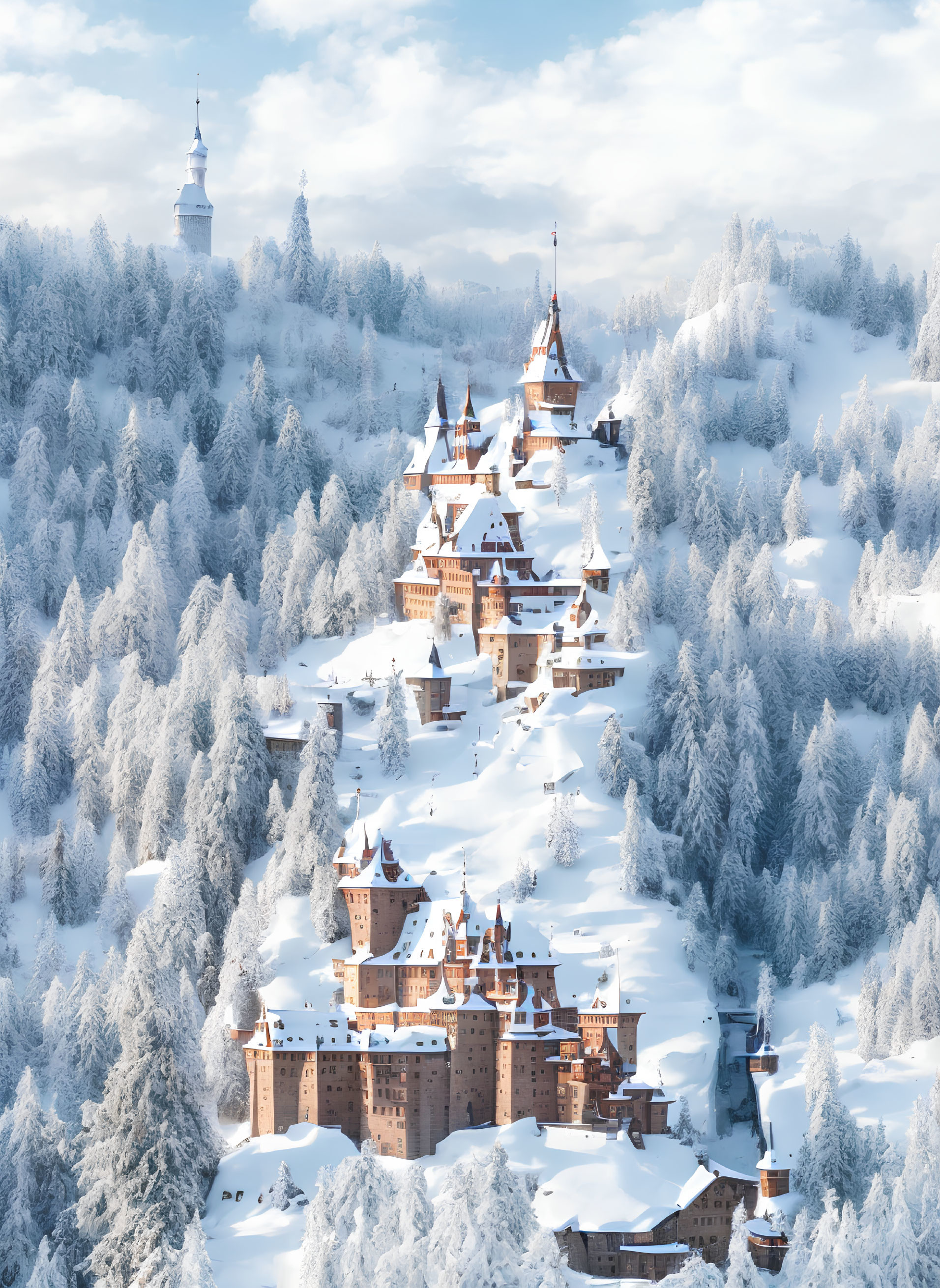 Snow-covered forest with fairy-tale castle and tower in clear sky