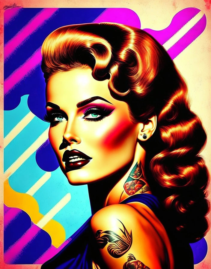 Colorful pop art portrait of woman with retro hairstyle and tattoos