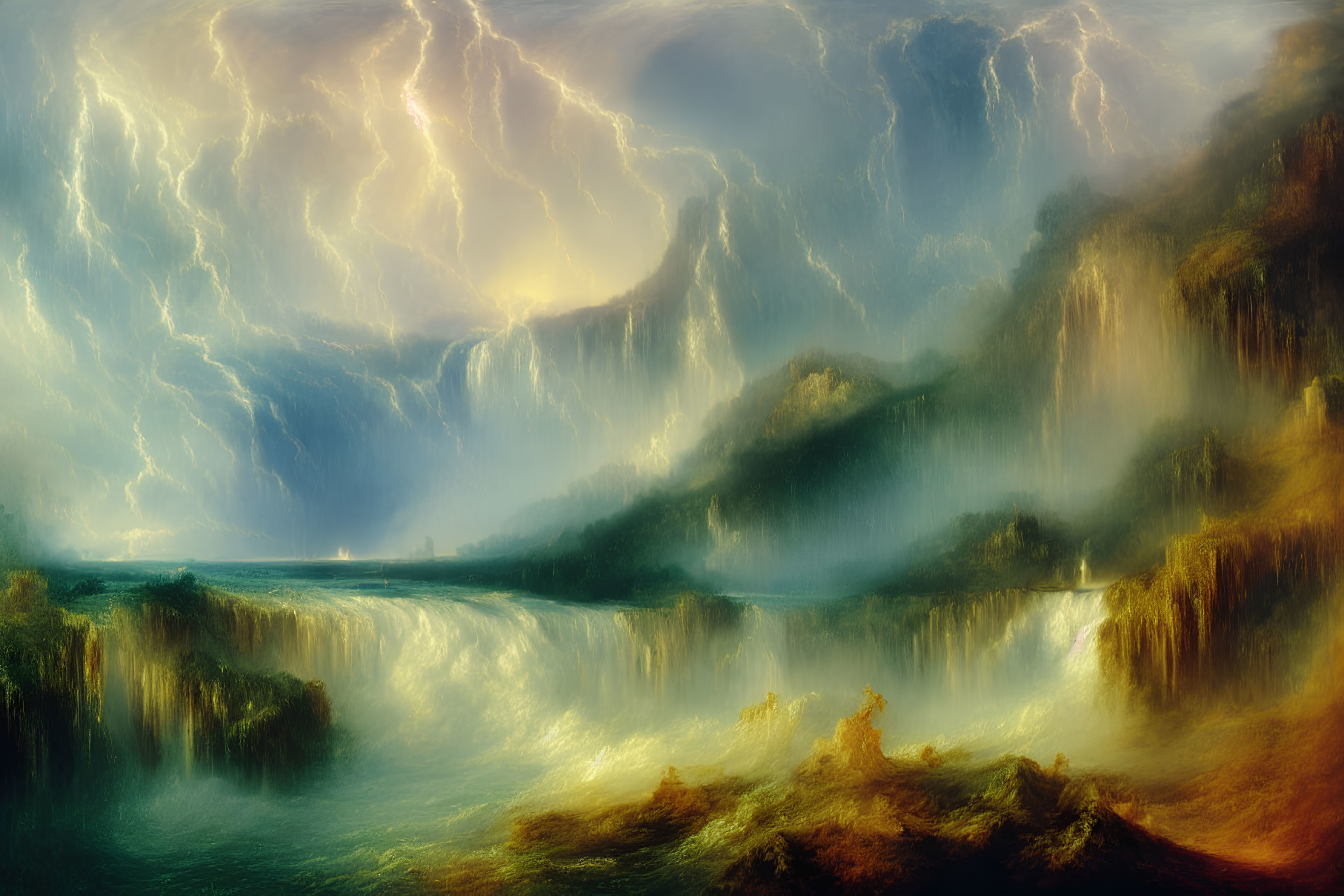 Dramatic landscape with lightning-filled skies above waterfalls