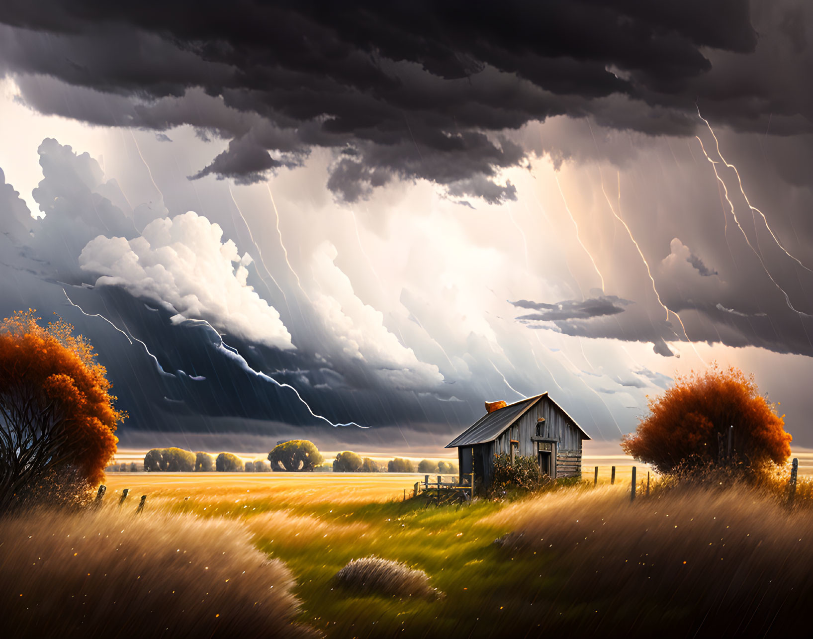 Dramatic landscape with lone shack, fiery trees, and turbulent sky