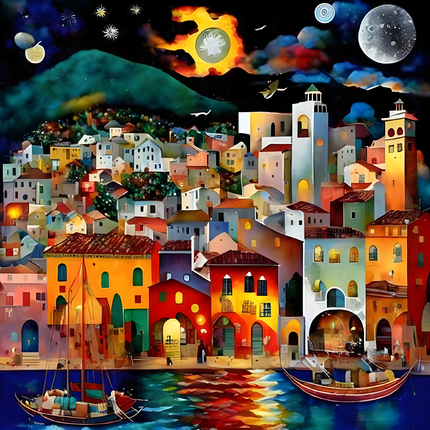 Colorful Coastal Town Night Scene with Boats & Whimsical Sky