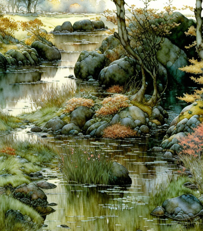 Tranquil stream in moss-covered landscape with rocks and autumn foliage