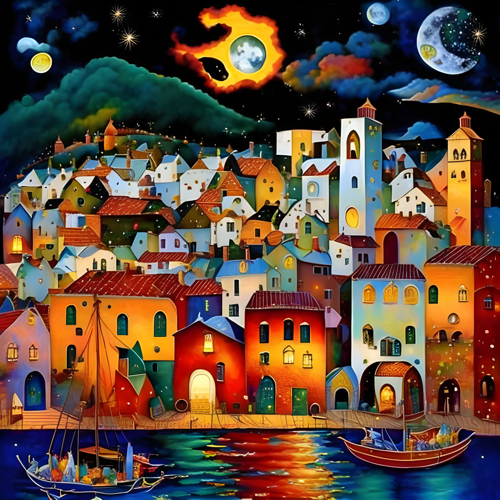 Colorful coastal village painting with stylized houses, boats, and starry sky