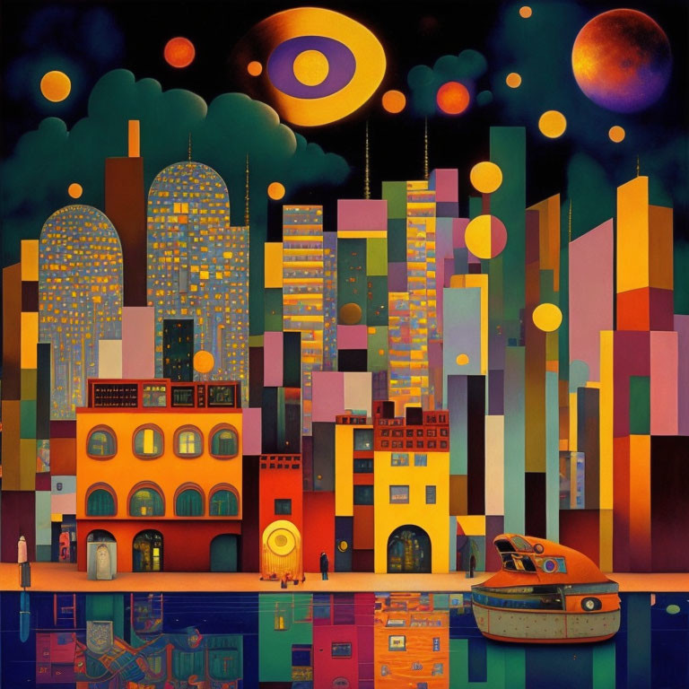 Colorful cityscape with geometric buildings, boat on river, and celestial sky.