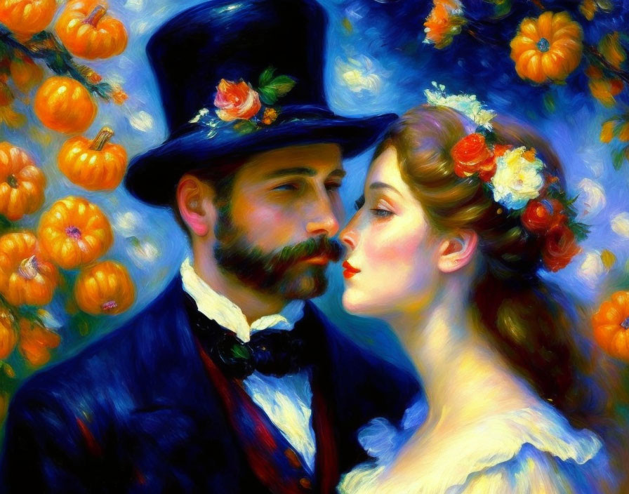 Victorian-era couple with pumpkins, man in top hat, woman in floral headpiece