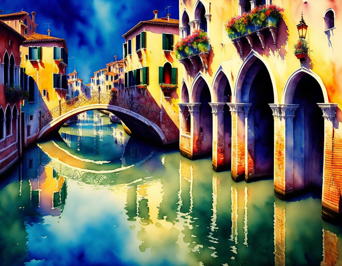 Colorful Venetian canal painting with small bridge and lush flowers