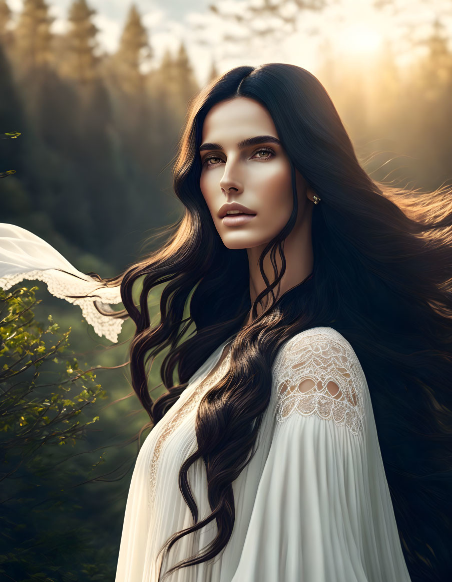 Woman with long, wavy dark hair in white lace dress in sunlit forest