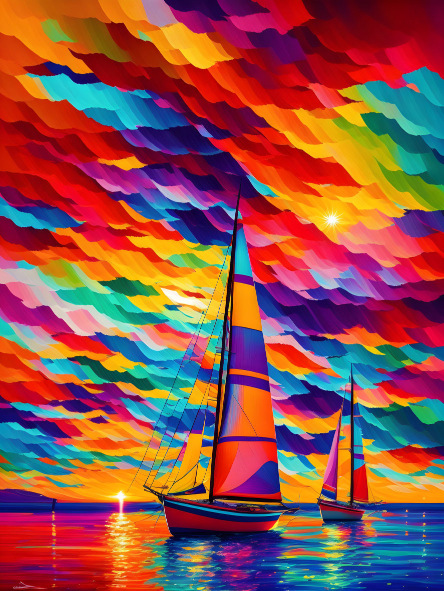 Vibrant sailboats artwork with colorful sunset sky