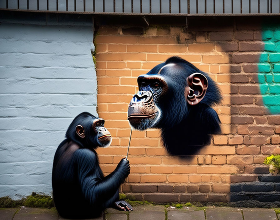 Chimpanzee Balloon Graffiti on Brick Wall