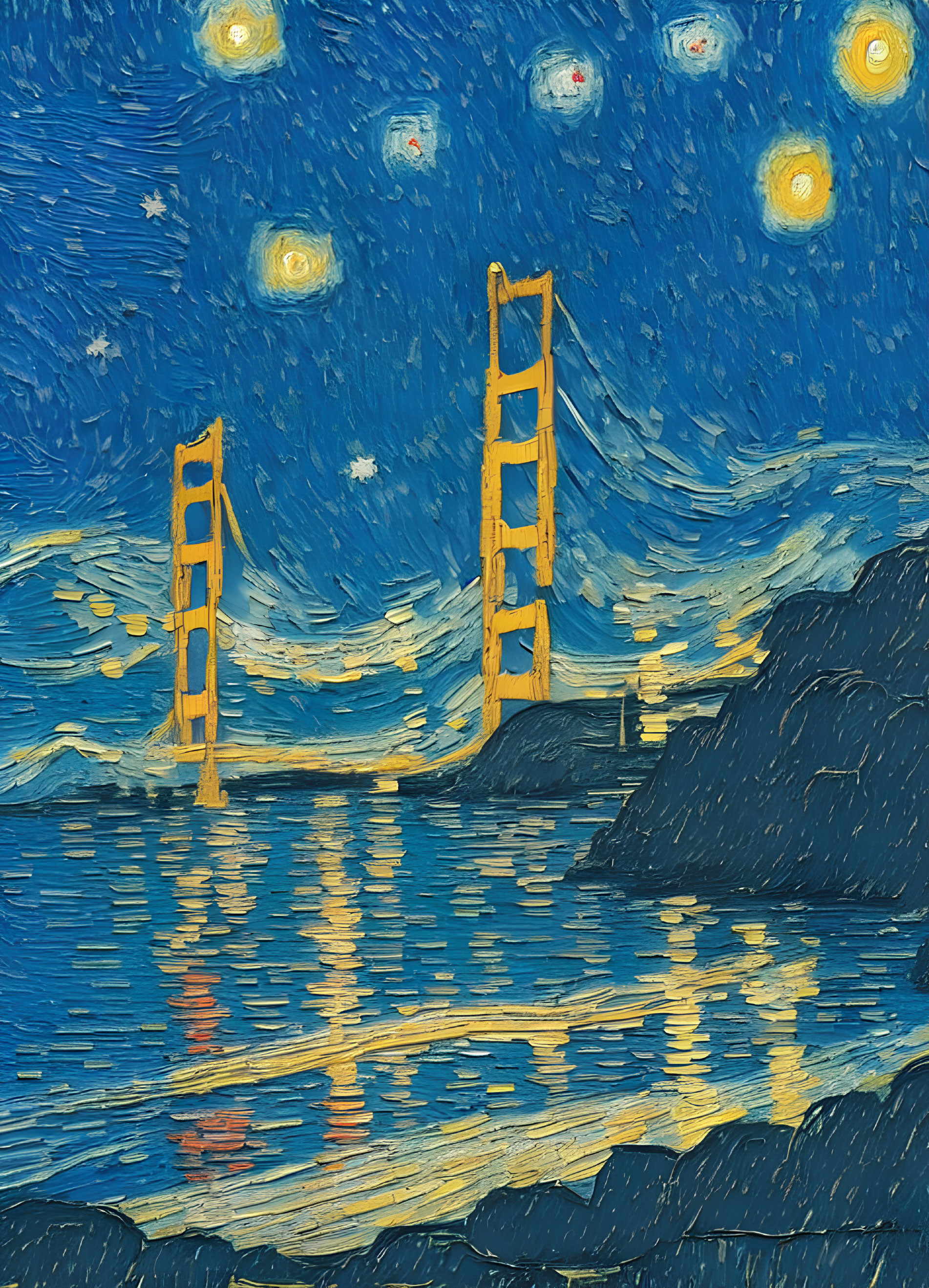 Stylized painting of yellow bridge under swirling night sky