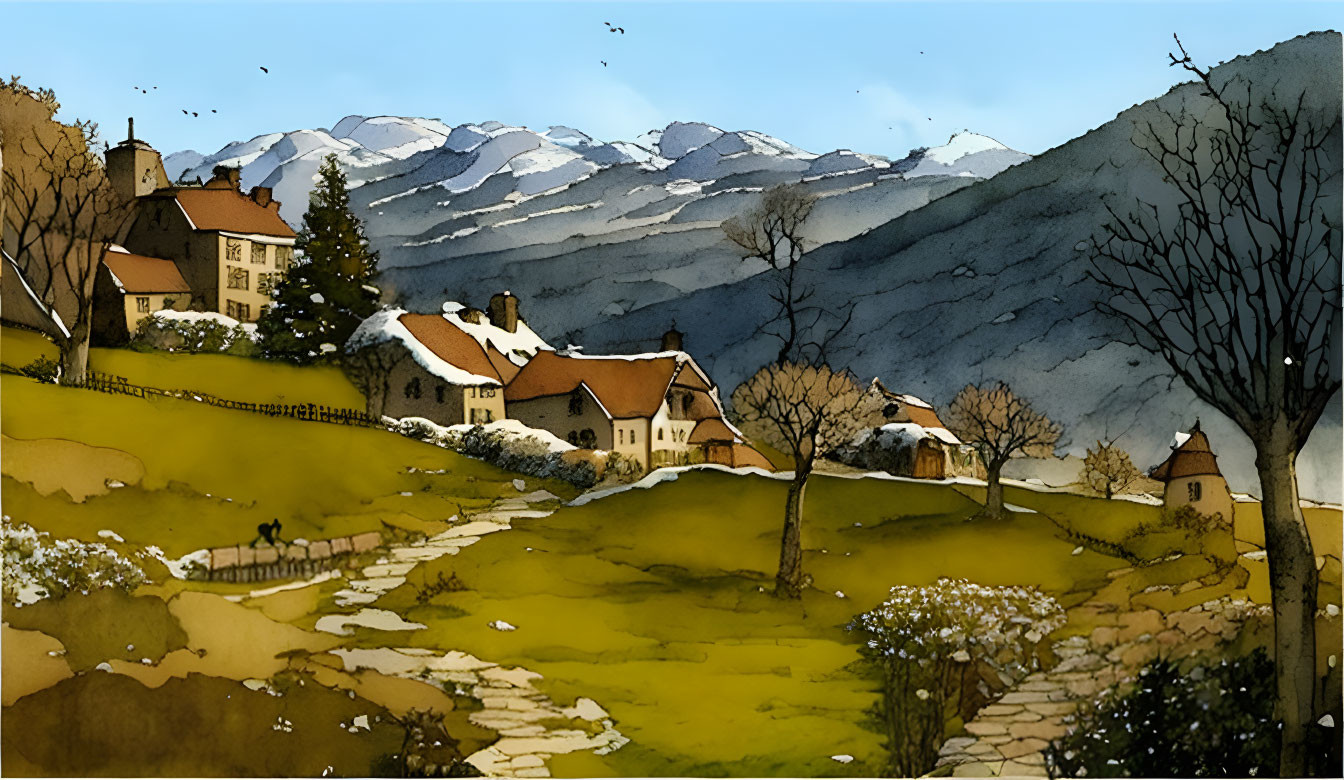 Serene village watercolor painting with snow-capped mountains