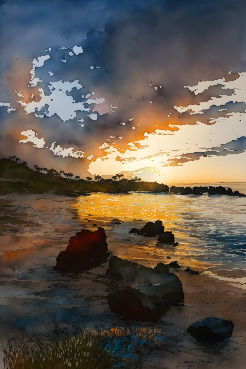 Scenic watercolor painting: beach at sunset with golden light and warm sky reflections