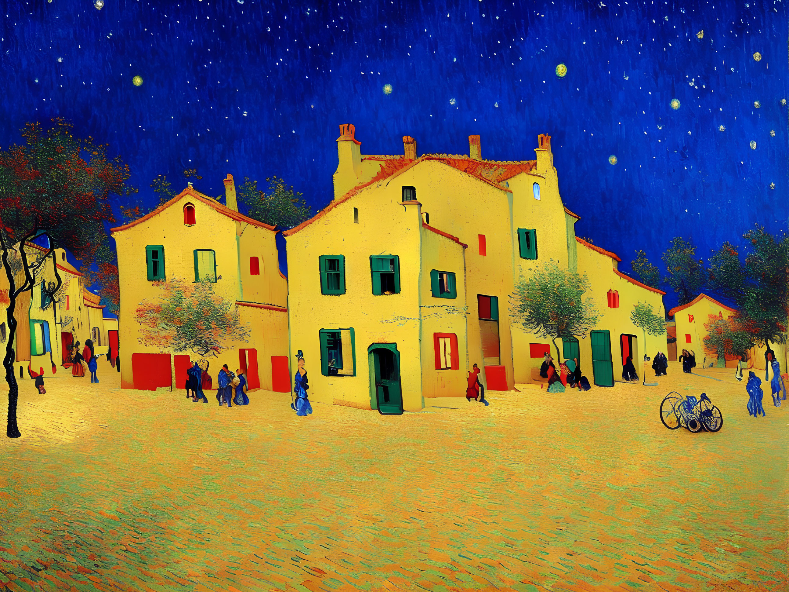 Colorful post-impressionist village scene under starry sky