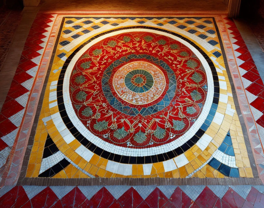 Colorful Geometric and Floral Mosaic Floor with Red Diamond Border