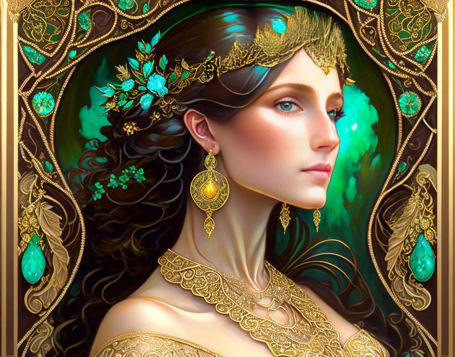 Regal woman with golden crown and turquoise jewelry