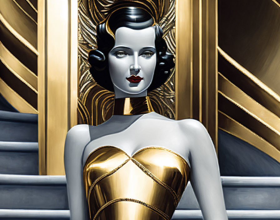 Metallic female figure with Art Deco style, golden bodice, black hair, golden stairs backdrop