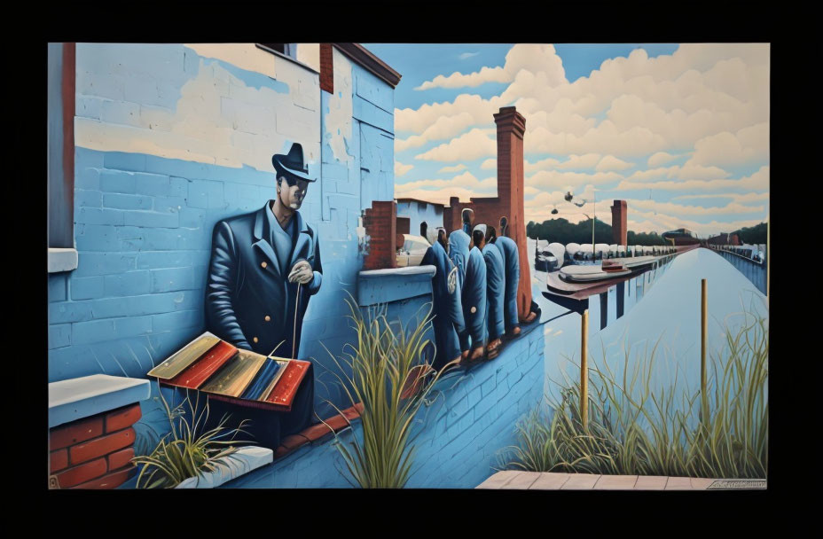 Colorful mural featuring man with briefcase on surreal pier