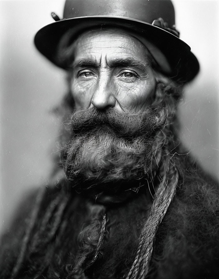 Serious elderly man with long beard and bowler hat portrait.