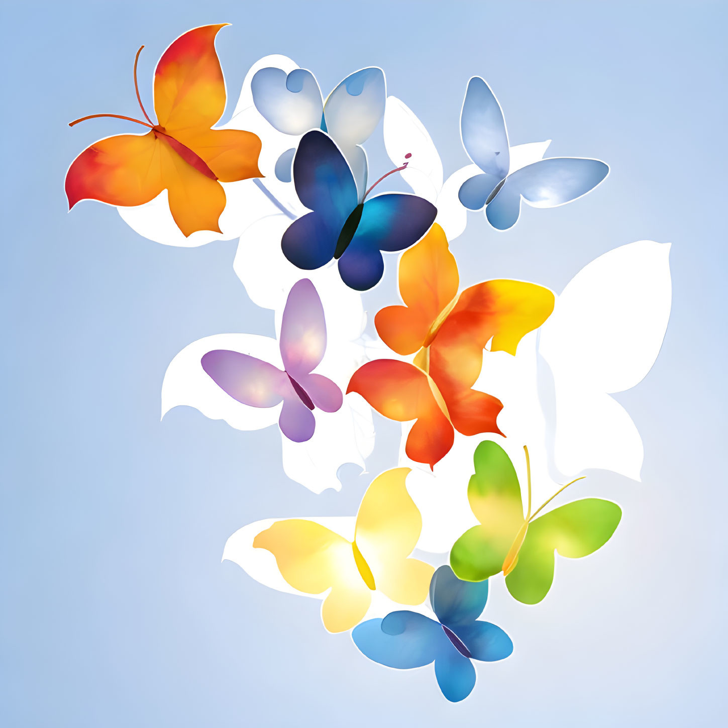 Colorful Translucent Butterflies Fluttering on Blue Background