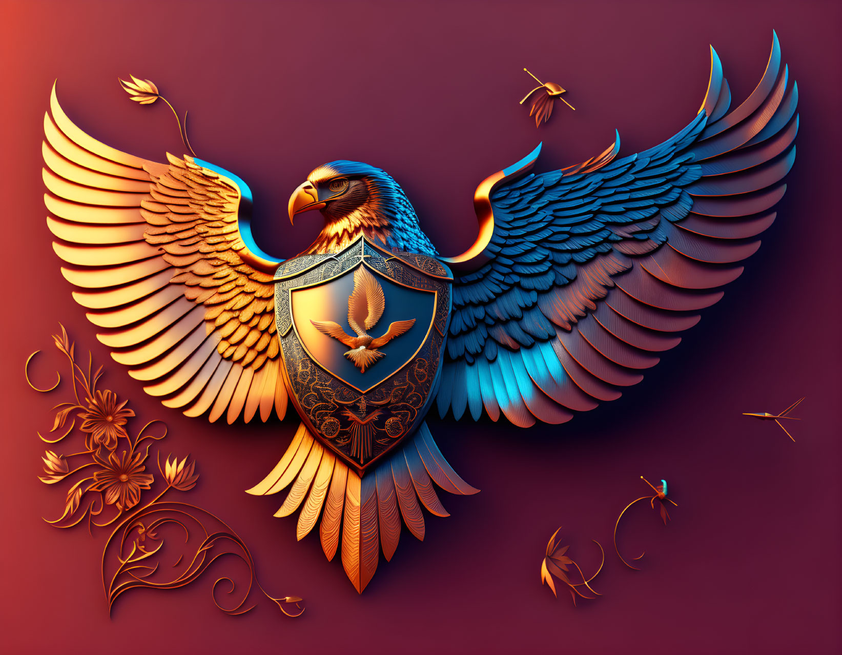 Stylized digital artwork of eagle with shield on red background