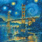 Stylized painting of yellow bridge under swirling night sky