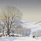 Snow-covered winter landscape with cottages and bare tree.