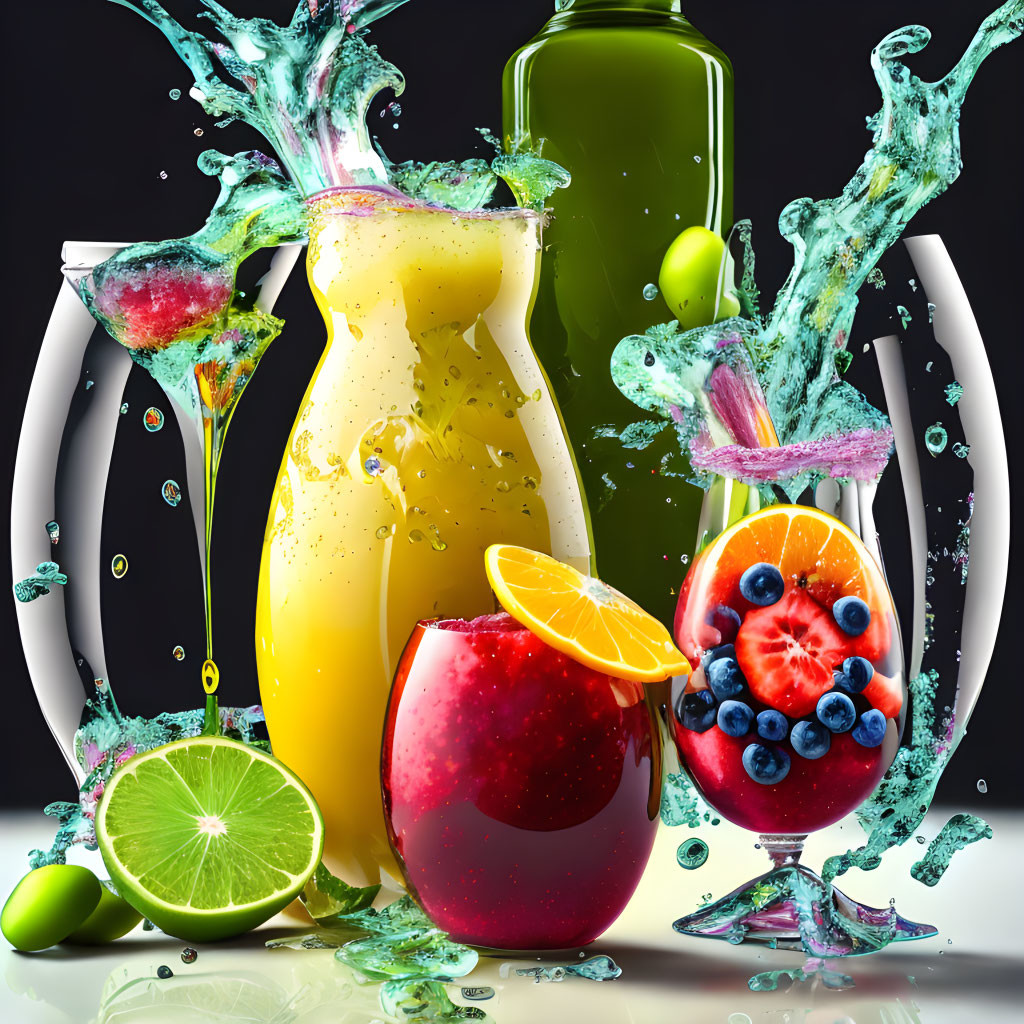 Colorful Pitcher & Glasses with Splashing Liquids and Fruit Slices