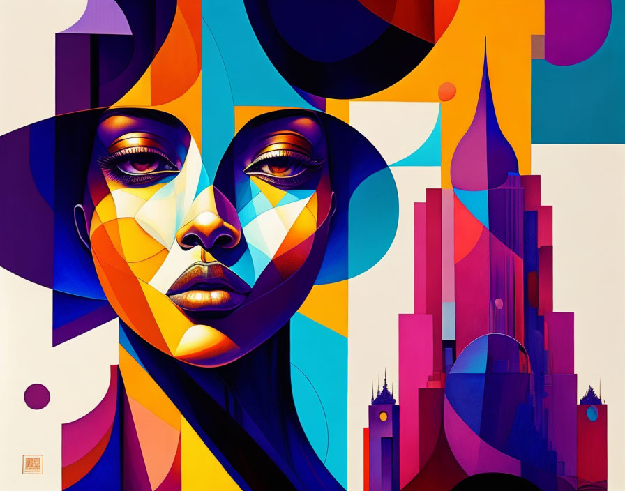 Vibrant abstract art: geometric female face with exaggerated features against architectural backdrop