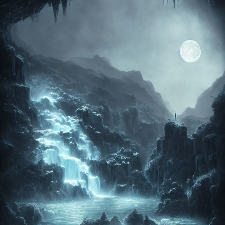 Figure on Cliff Overlooking Blue Waterfalls in Moonlit Cavern